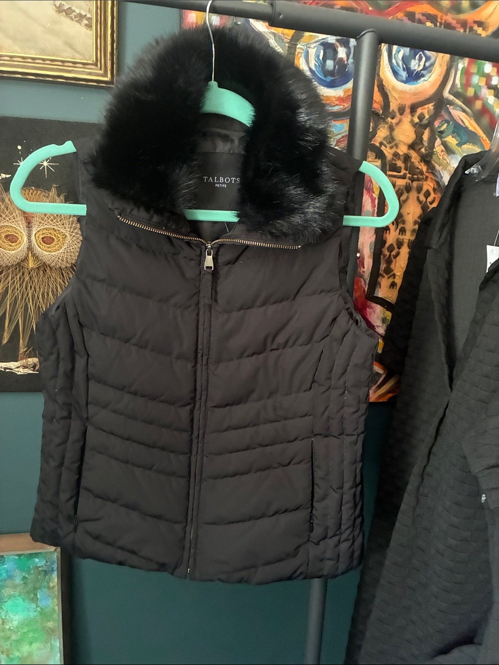 Talbots Black puffer vest featuring a removable plush faux fur collar